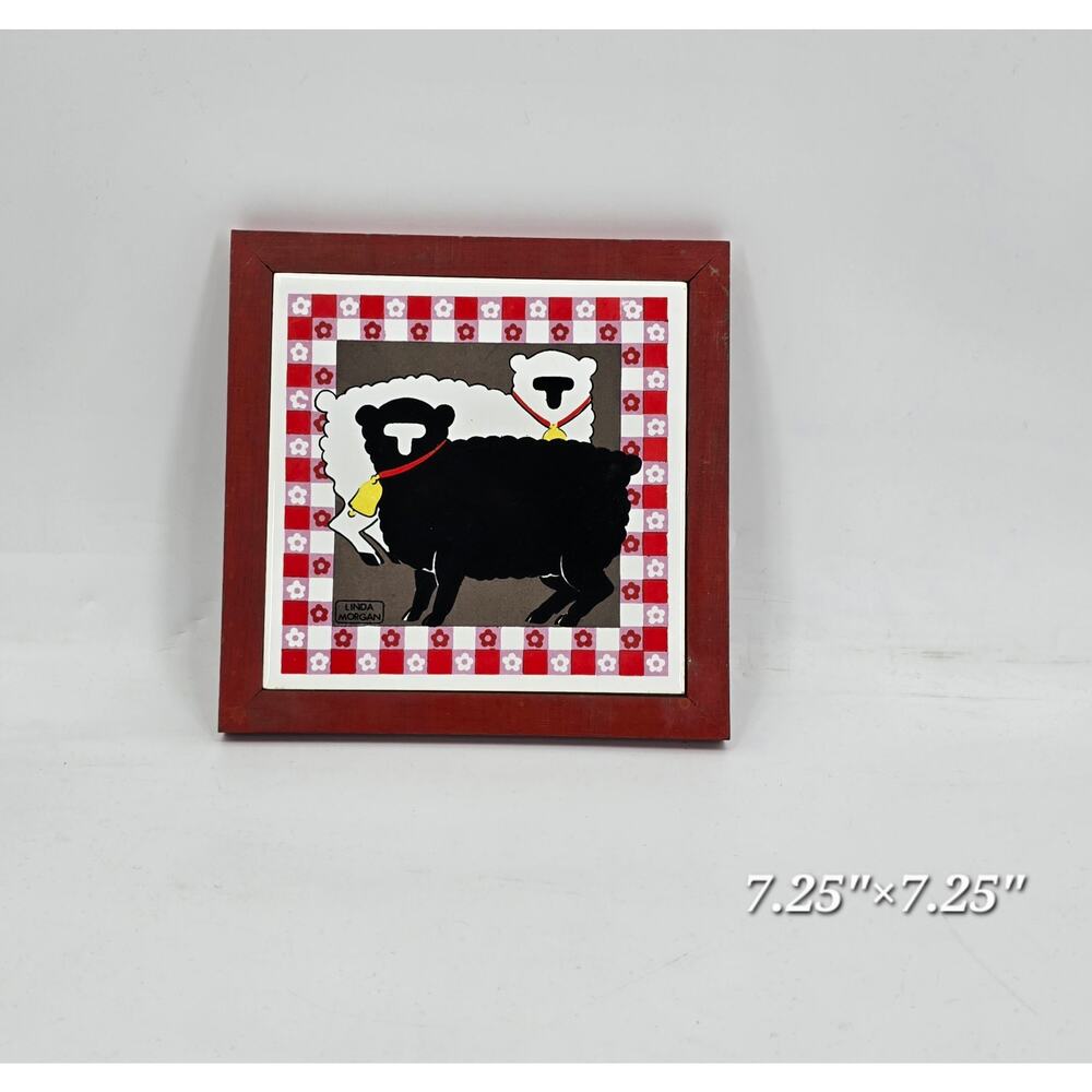 Linda Morgan Folk Art Sheep Wall Decor  Red Wood Frame Country Farmhouse Trivet